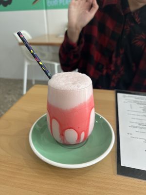 Strawberry milkshake  (rated ‘better than a lot of normal milkshakes’ (he’s not vegan))   at Wombat Cafe & Store in Dromana