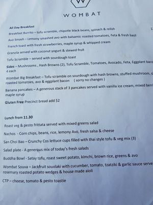 menu at Wombat Cafe & Store in Dromana
