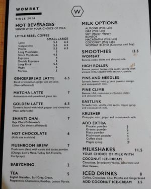 Drinks menu July 2025 at Wombat Cafe & Store in Dromana