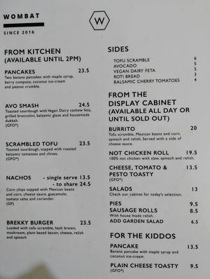 Food menu July 2025 at Wombat Cafe & Store in Dromana