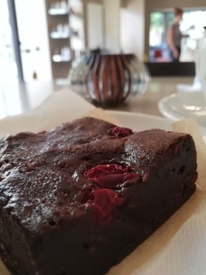 Brownie with cherries at Cafe Como in Klagenfurt