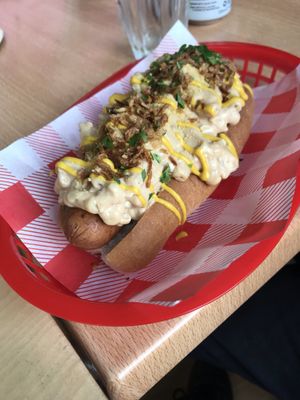Mac and cheese hot dog 💚 at Rabbit Vegan Cafe in Exeter