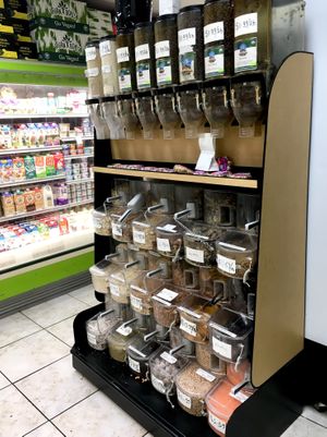 Bulk: coffee, nuts, some grains, beans, fruit at Natural Frontier Market in Astoria