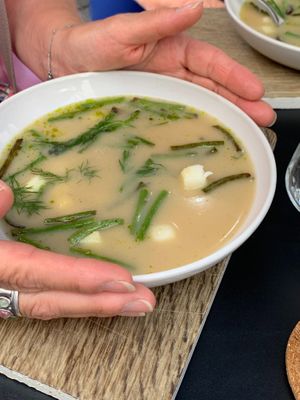 Green bean potato soup with dill at Fach Juice Shop in Bratislava