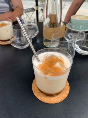 Iced chai latte with almond milk at Fach Juice Shop in Bratislava