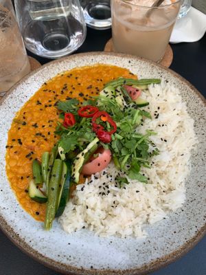 Red lentil dal, green beans, zucchini and fermented radishes at Fach Juice Shop in Bratislava