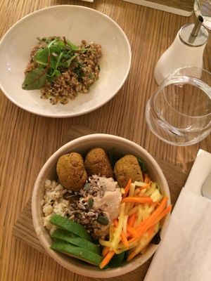 Buddha bowl (white bean falafel, rice, veggies, hummus and salad) at Fach Juice Shop in Bratislava