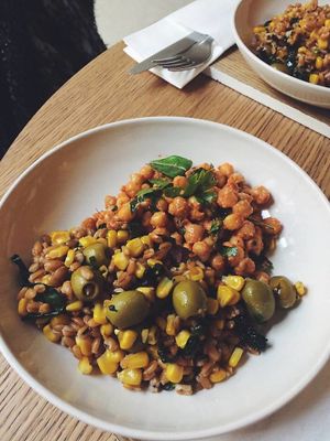 wholegrains, chickpeas, corn, olives salad at Fach Juice Shop in Bratislava