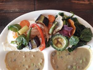 Curry with rice fried veggies and egg at Amurita no Niwa in Ishigaki