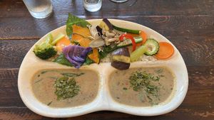  Veg Curry. There is fried egg under veggies so notify if you want to have without egg.   at Amurita no Niwa in Ishigaki