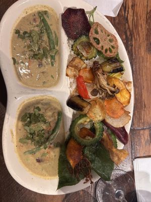 Bean curry with the fried vegetable option. Rice is under the vegetables.  at Amurita no Niwa in Ishigaki