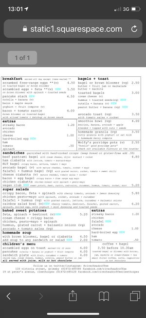 Food menu at Riverhead Coffee in Cleethorpes