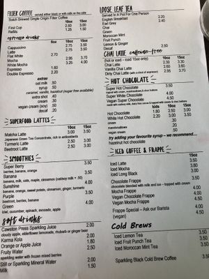 Drinks menu at Riverhead Coffee in Cleethorpes