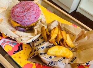 Butterfly burger with potato wedges  at Flower Burger in Rome
