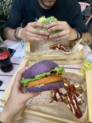 Cheesy Cecio and Jungle Burger with Patatas buenas at Flower Burger in Rome