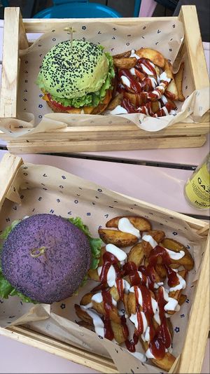 Cheesy Cecio and Jungle Burger with Patatas buenas at Flower Burger in Rome