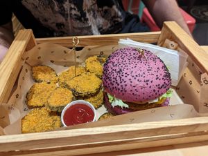 Cheesy burger with crispy aubergine at Flower Burger in Rome