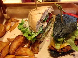 The Tofungo and Classic Cheese burgers.  at Flower Burger in Rome