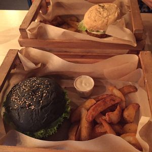 Flower burger and the classic burger with chips at Flower Burger in Rome