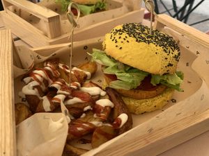 Spicy Cecio and patatas buenas  at Flower Burger in Rome