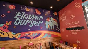 Loved the colorful decor and seating at Flower Burger in Rome