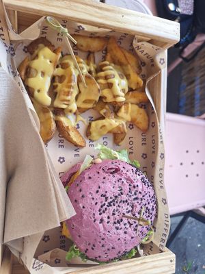 Cherry bomb burger with cheesy fries at Flower Burger in Rome