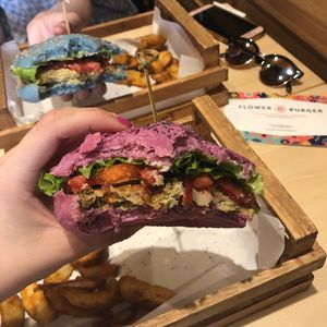 Pink and blue vegan burger at Flower Burger in Rome