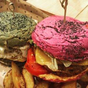 Flower Burger (green) and Cherry Bomb (red) with fries at Flower Burger in Rome