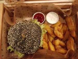 Cheesy cecio - chickpea and barley patty at Flower Burger in Rome