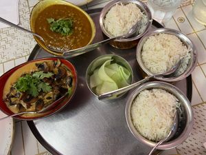 two vegan mains + 3 rices at Naan in Medellin