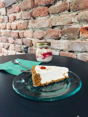 Vegan raw cheesecake and oats with coco milk. at Salted Cafe in Sofia