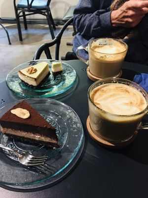 Mint and Lemon cake, Choc Banana Cake, Soy Lattes at Salted Cafe in Sofia