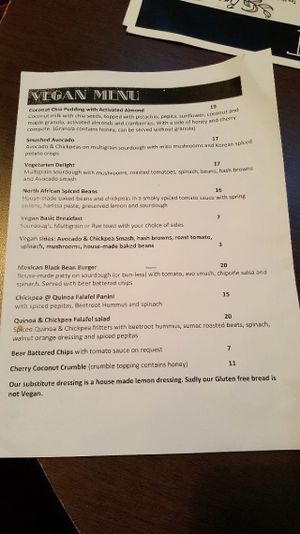 Vegan menu at Laneway Cafe in Devonport
