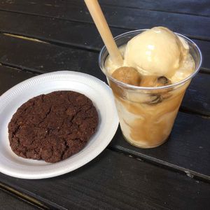 chocolate warm cookie and salted caramel cookie dough shake at Cookies and Scream - Drayton Park in North London