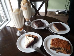 Shakes with cherry pie, chocolate orange blondie, an ewok and a wookie. at Cookies and Scream - Drayton Park in North London