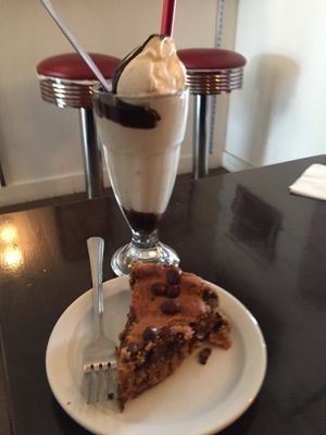 Chocolate fudge shake and chocolate peanut butter cake. at Cookies and Scream - Drayton Park in North London