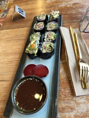 The Geisha rolls and tamari sauce- creamy avocado and “cream cheese” against the salty seaweed- amazing  at Wild Living Foods in Los Angeles