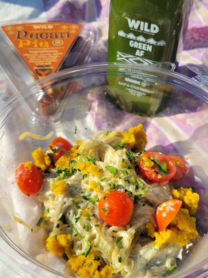 Kelp noodles, raw pecan pie and green juice- so nice but $45 at an outside event at Wild Living Foods in Los Angeles