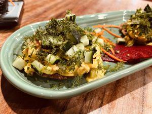 raw bagel with coconut “egg” salad!  at Wild Living Foods in Los Angeles