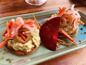 raw bagel with guacamole and picked vegetables—outstanding!!  at Wild Living Foods in Los Angeles
