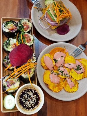 Dynamite roll, butternut ravioli, Brazil nut sandwich at Wild Living Foods in Los Angeles