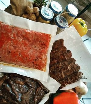 Variety of vaccum sealed meals ready to go and make at home. at Chia Fonda Vegana in Guadalajara