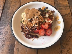 French toast with home made peanut butter  at Chia Fonda Vegana in Guadalajara