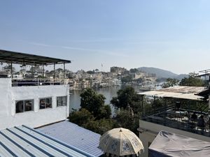 View of the lake   at Yummy Yoga Cafe in Udaipur