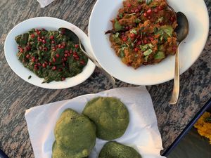 Palak poori, pumpkin curry and palak tofu(instead of paneer for my cooking class)  at Yummy Yoga Cafe in Udaipur