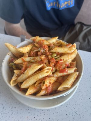 Tomato and olive pasta (could have had vegan cheese if we wanted)  at TATTV Cafe in Rishikesh