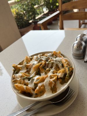 Vegan tomato pesto pasta with cashew cream cheese   at TATTV Cafe in Rishikesh