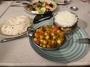 Chana masala with rice and roti  at TATTV Cafe in Rishikesh
