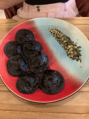 Charcoal ravioli w/ miso mushroom  at Hearth  in Amsterdam