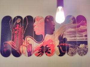 Skateboard art interior on your right when coming in at Hearth  in Amsterdam